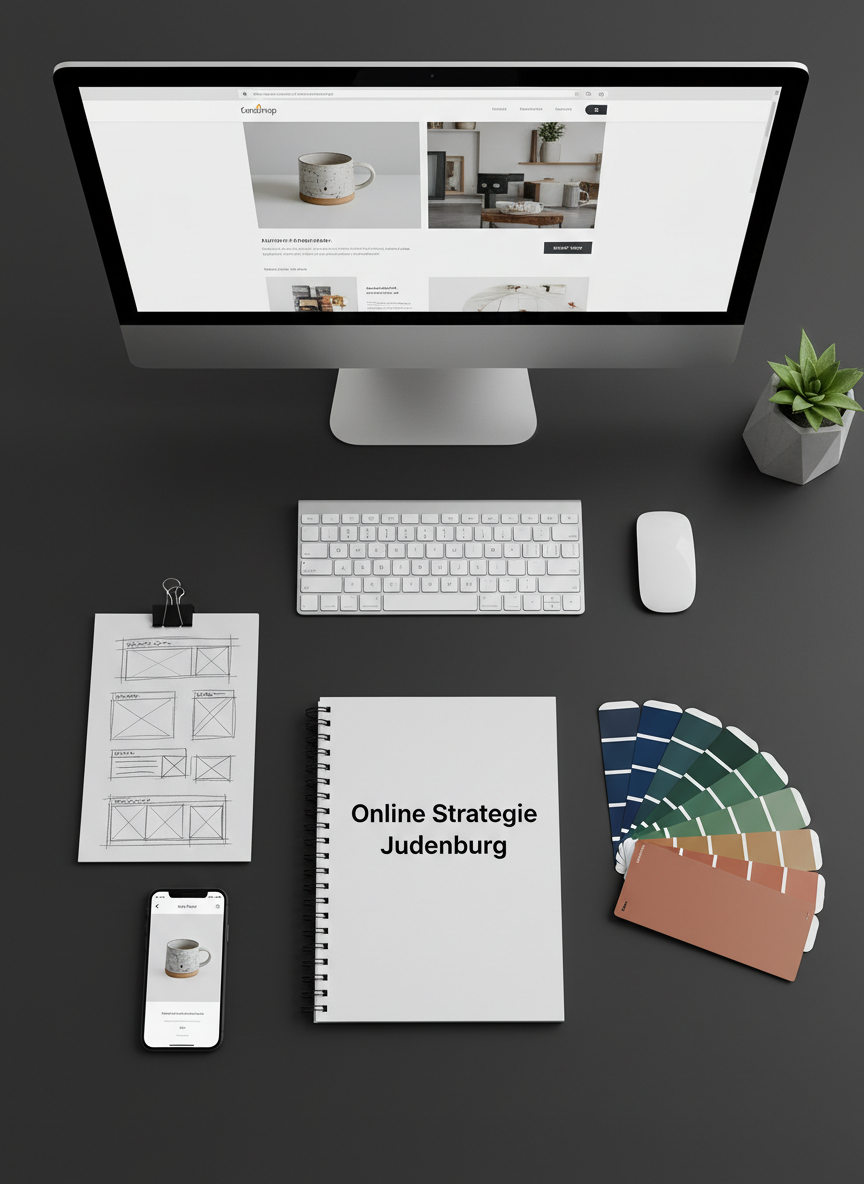 An elegant flat lay of an e-commerce strategy workspace on a dark matte desk surface, with a spiral-bound marketing plan labeled “Online Strategie Judenburg”, neatly stacked wireframe sketches of a webshop, a smartphone showing a product page, and color swatch cards for branding. A slim keyboard and mouse align perfectly with a large monitor displaying a clean homepage design. A small plant in a minimalist concrete pot adds a touch of green in the corner. Overhead soft studio lighting creates even illumination, with subtle shadows defining each object. Photographic realism with a top-down composition, crisp focus across the frame, conveying organization, professionalism, and a modern marketing and web design aesthetic.