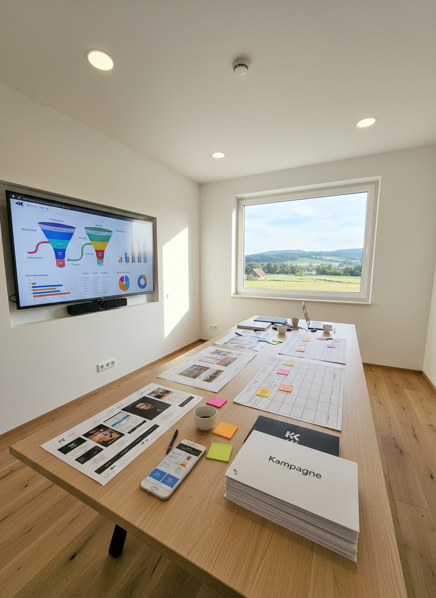 A bright, contemporary meeting table set for an e-commerce marketing presentation, featuring a large 4K screen on the wall showing a visually striking sales funnel diagram and social media marketing metrics. On the table lie printed A3 posters of homepage layouts, content calendar boards, and neatly stacked brand concept folders labeled “Kampagne”. The room has smooth white walls, light wooden flooring, and a large window revealing a blurred hint of Styrian hills outside. Soft afternoon sunlight blends with discreet recessed ceiling lights, creating a balanced, welcoming glow. Photographic realism with a slightly wide-angle, eye-level composition, sharp focus throughout, evoking a strategic, forward-thinking agency environment based in a small Austrian town.